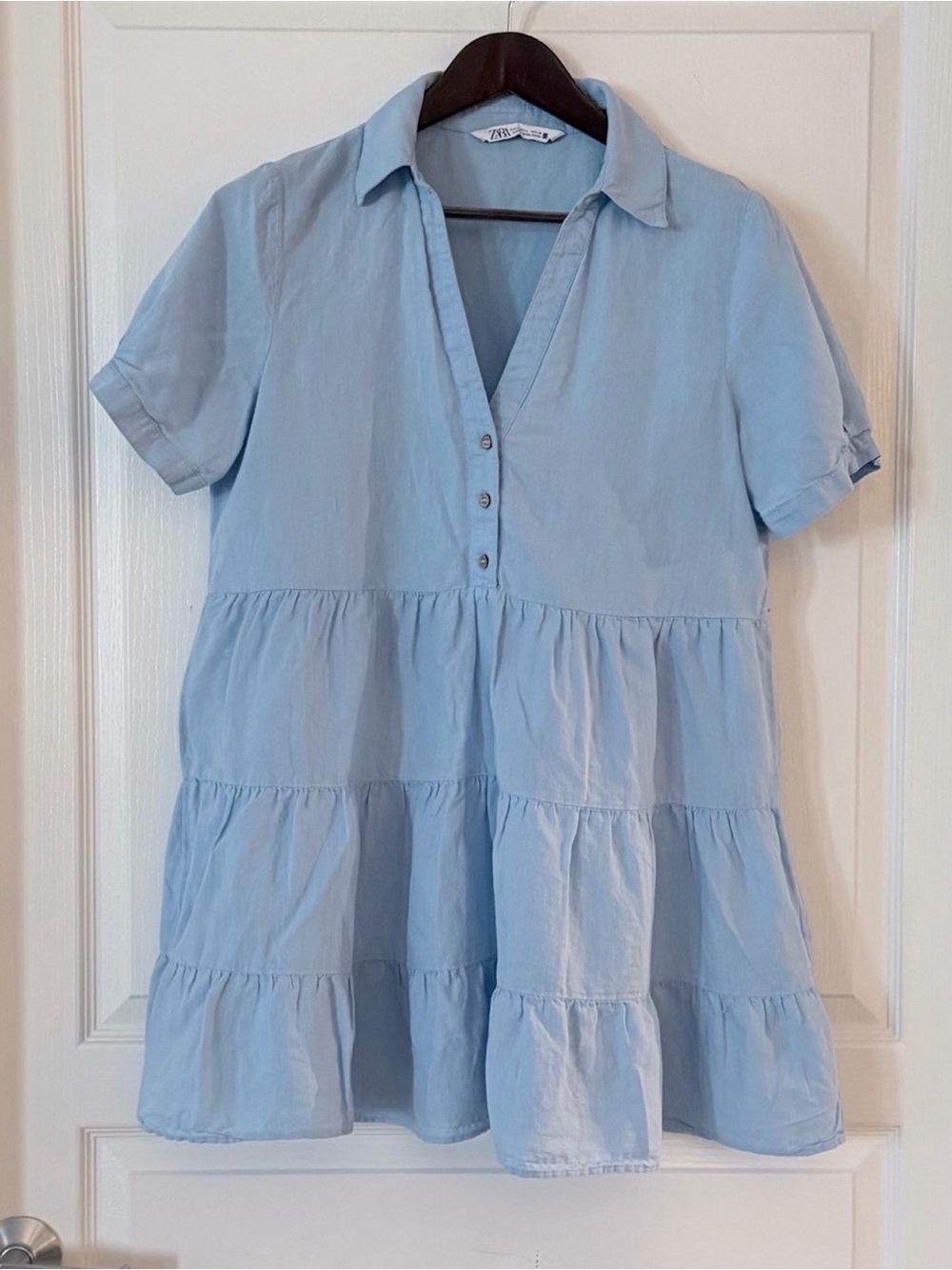 Zara Light Blue Tiered Short Sleeve Shirt Dress